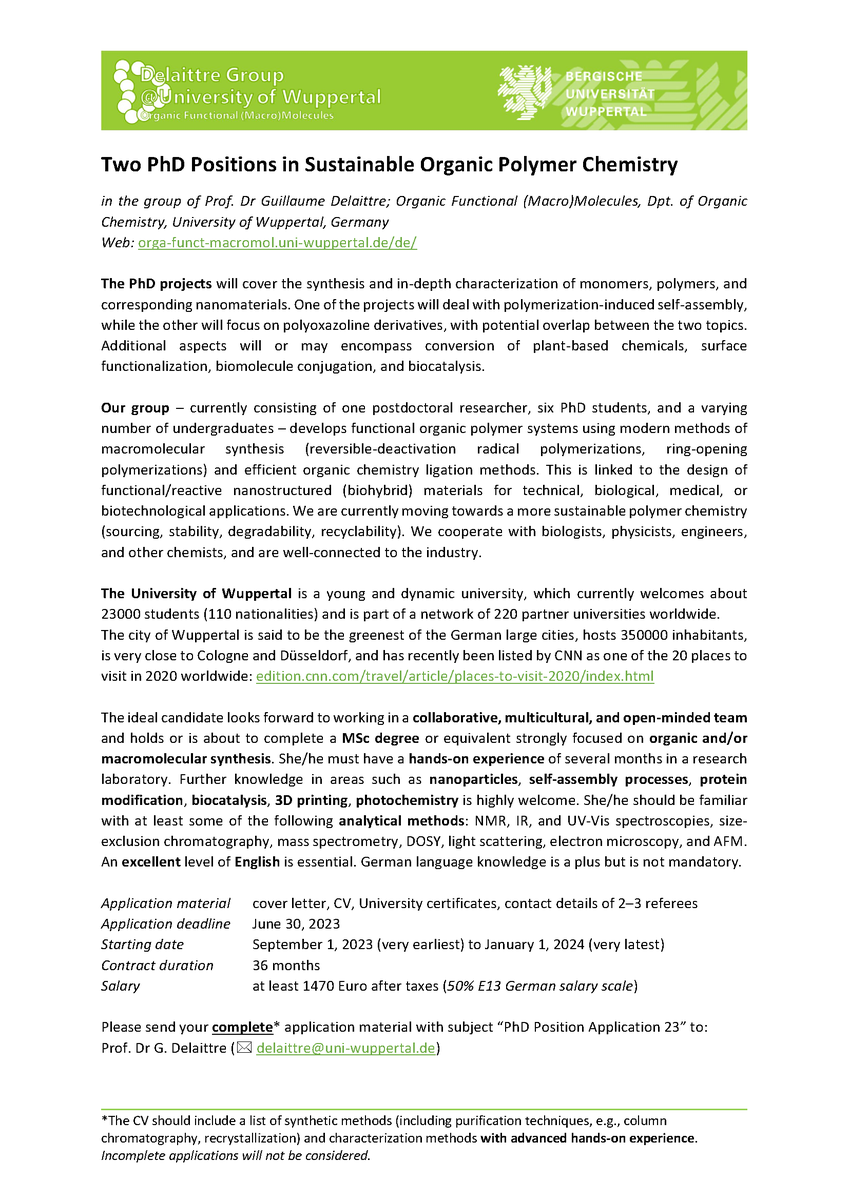 📢 Job alert 📢 Come join us! We have two PhD positions in organic polymer chemistry starting from September 1 (latest January 2024). Details below and at tinyurl.com/55vmr7cn 📅Deadline: June 30, 23:59:59 🙏RT much appreciated #PhD #phdchat #phdlife #Chemistry #Polymers