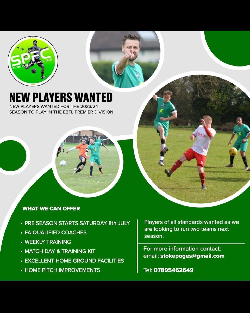 NEW PLAYERS WANTED After a successful 22/23 season Poges are looking for new players to come and join the family 💪🟢⚫️ ⚽️Pre season starts: 📆Saturday 8th July 2023 🏟️Bells Hill Rec Stoke Poges SL2 4EG 📱07895 462649 📩DM your details @EastBerkshireFL @BerksandBucksFA #poges