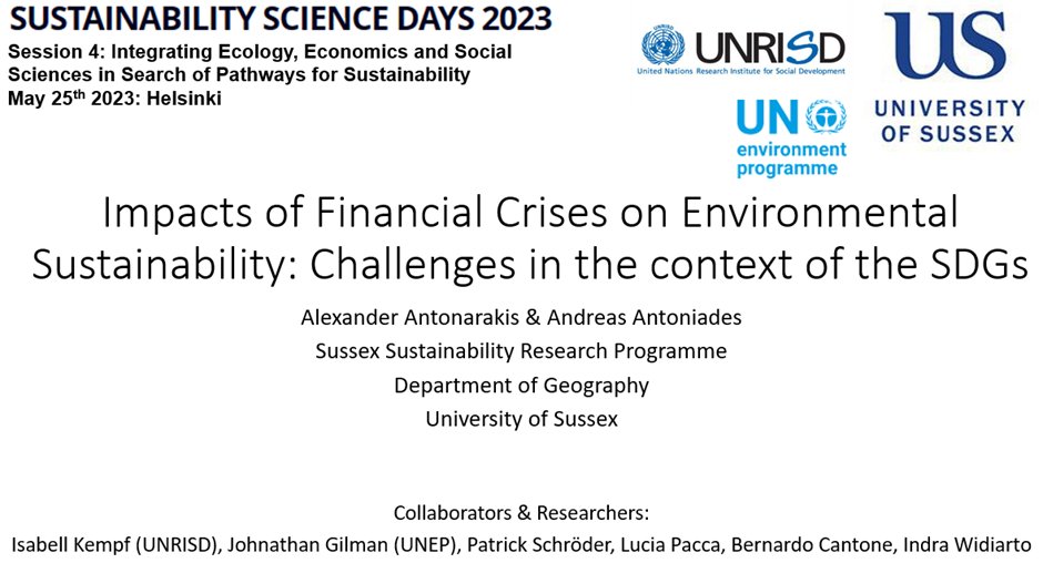 AAntonarakis's tweet photo. Had a fantastic time at the @SSD_Conf in Helsinki presenting/discussing results from our @SSRP_UoS work with @aaantoniades on the impacts of financial crises on environmental sustainability.  @SussexGlobal @SussexGeog @HELSINKISUS @AaltoUniversity 
https://t.co/7LbhR7K2ch https://t.co/bHTJMixZsj