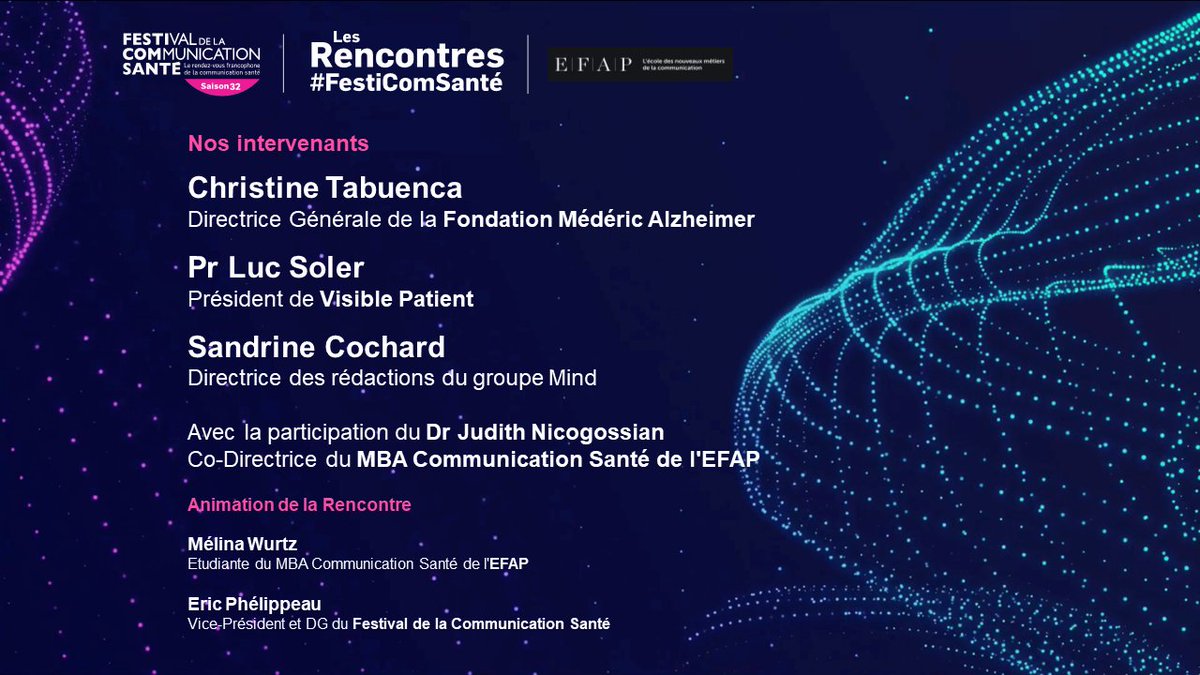 Festival de la Communication Santé (@festicomsante) on Twitter photo Rencontres #FestiComSanté #MBACommunicationSante <a href="/EFAP_/">EFAP</a>
«L’apport du numérique dans la santé»
Avec ✔️<a href="/TabuencaChristi/">Christine Tabuenca</a> <a href="/FondationMedAlz/">Fondation Médéric Alzheimer</a>
<a href="/LucSOLER/">SOLER</a> <a href="/VisiblePatient/">VisiblePatient</a>
<a href="/Sandreene/">Sandrine Cochard</a> <a href="/Groupe_mind/">Groupe mind</a> @DRJUDE__ <a href="/EricPhelippeau/">Eric Phélippeau</a>
A suivre sur festivalcommunicationsante.fr
#esanté Rencontres #FestiComSanté #MBACommunicationSante <a href="/EFAP_/">EFAP</a>
«L’apport du numérique dans la santé»
Avec ✔️<a href="/TabuencaChristi/">Christine Tabuenca</a> <a href="/FondationMedAlz/">Fondation Médéric Alzheimer</a>
<a href="/LucSOLER/">SOLER</a> <a href="/VisiblePatient/">VisiblePatient</a>
<a href="/Sandreene/">Sandrine Cochard</a> <a href="/Groupe_mind/">Groupe mind</a> @DRJUDE__ <a href="/EricPhelippeau/">Eric Phélippeau</a>
A suivre sur festivalcommunicationsante.fr
#esanté