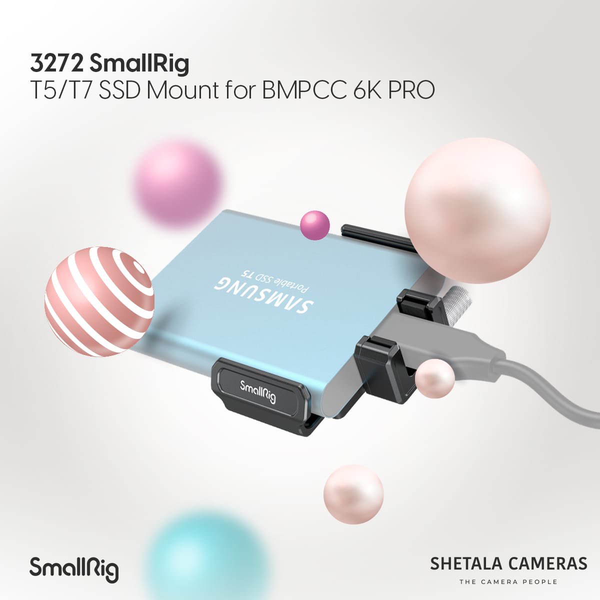 Securely mount your Samsung T5/T7 SSD to your BMPCC 6K PRO cage with the SmallRig T5/T7 SSD Mount 3272. Designed for easy attachment to the top left cold shoe, this mount keeps your SSD in place while shooting. Say goodbye to tangled cables and bulky mounts! 

#SSDMount #SmallRig