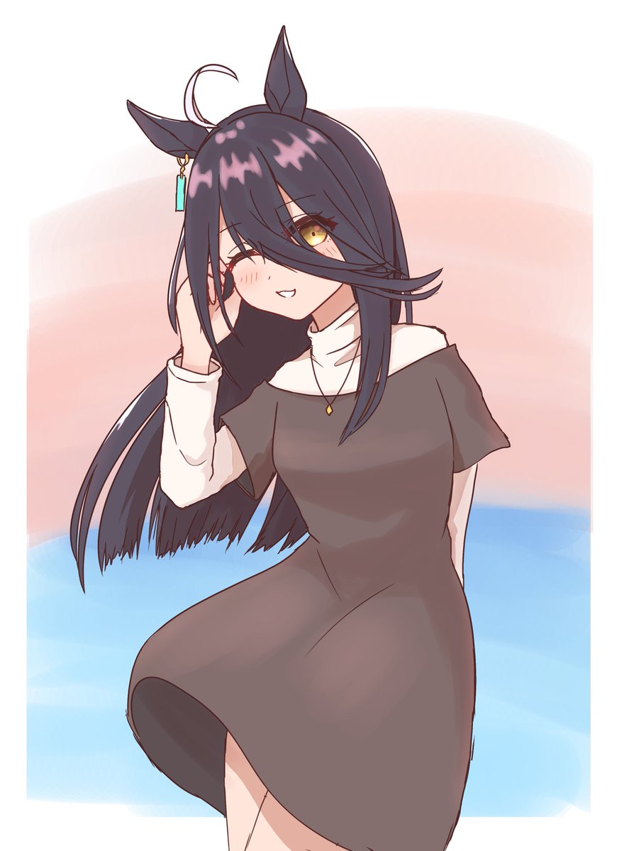 manhattan cafe (umamusume) 1girl animal ears solo horse ears long hair black hair ahoge  illustration images