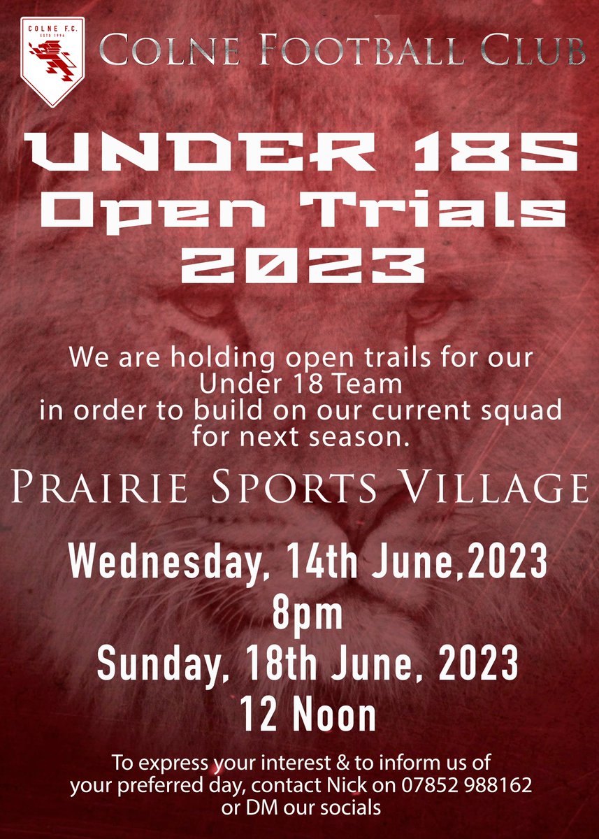 ⚽️Senior Men's U18 OPEN TRIALS⚽️
DM us your preferred date Or contact Nick on 07852988162

The Under 18s are part of our pathway through our Under 23s to our Senior Men's First Team.

#YoungLions #BePartOfIt #ThisMeansMore #WeAreColneFC
