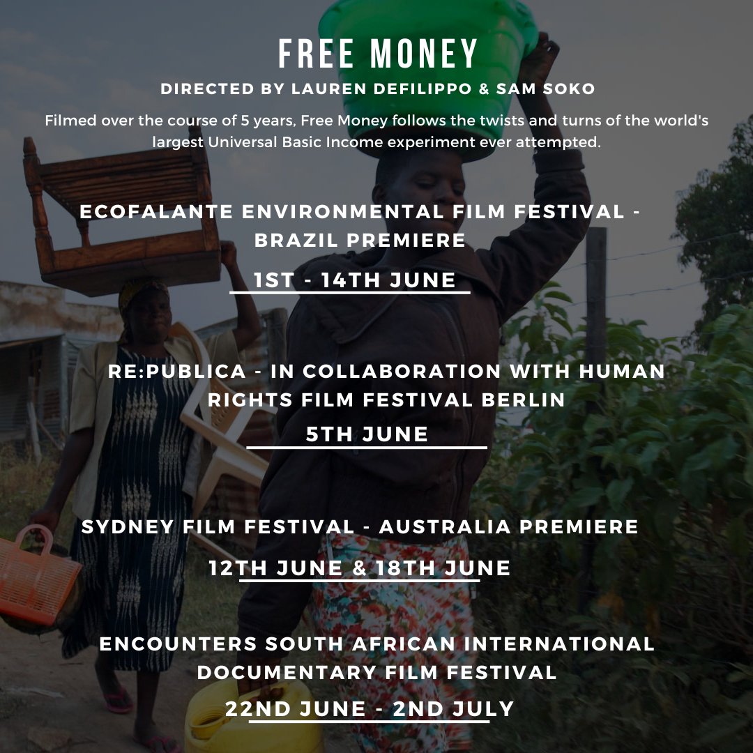 #FreeMoneyFilm schedule for June is up!🗓️

🇧🇷Brazil - Ecofalante Environmental Film Festival
🇩🇪Germany - @hrfilmfestival at #rp23
🇦🇺Australia - @sydfilmfest 
🇿🇦SouthAfrica - @EncountersDoc 

Share widely!😃

#UBI #UBIFilm #UniversalBasicIncome