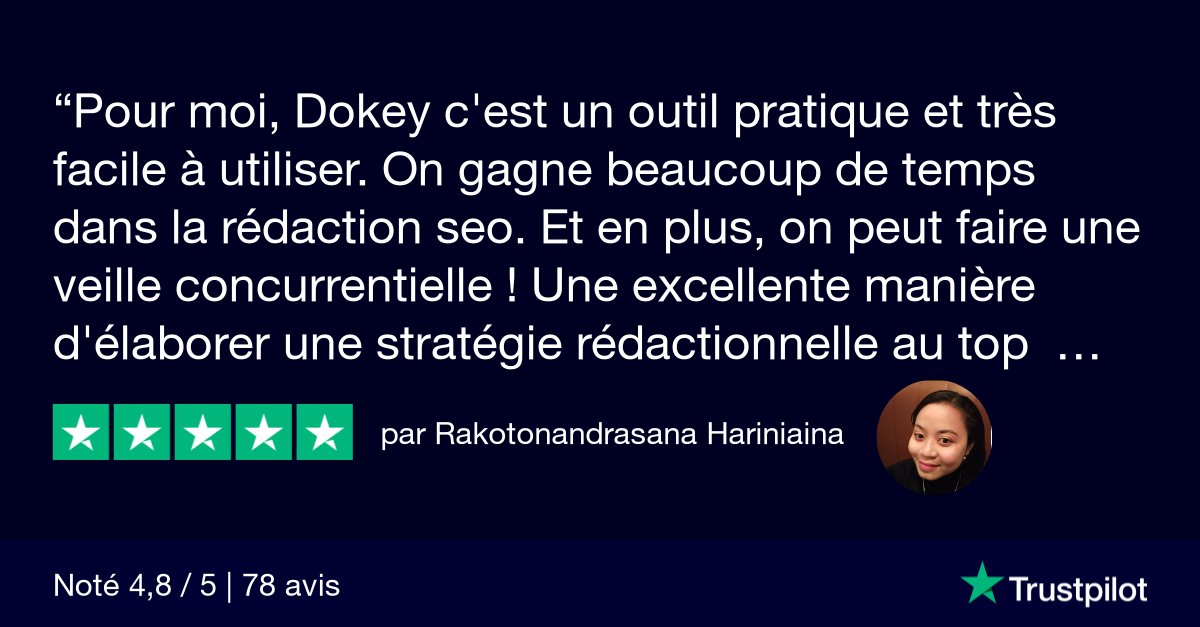 dokey_io's tweet photo. ”Pour moi, Dokey c'est un outil pratique et très facile à utiliser. On gagne beaucoup de temps dans la rédaction seo." 👌

Merci à Hariniaina, rédactrice web pour son avis ! 😃

Testez Dokey gratuitement pendant 7 jours ! 🤖

🔗 https://t.co/rrs0bYLzWl

#seo #redactionweb #dokey https://t.co/e8szY01GQI