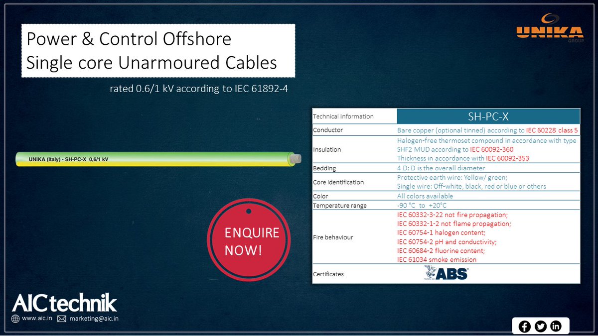 #UnikaItaly #cables offers #singlecore #unamoured #powerandcontrol #offshore cables rated 0.6/1 kV according to IEC 61892-4. 
To get more information send your inquiry from below.
aic.in/sales-inquiry
or mail us marketing@aic.in
#marinecables #powercables #controlcables