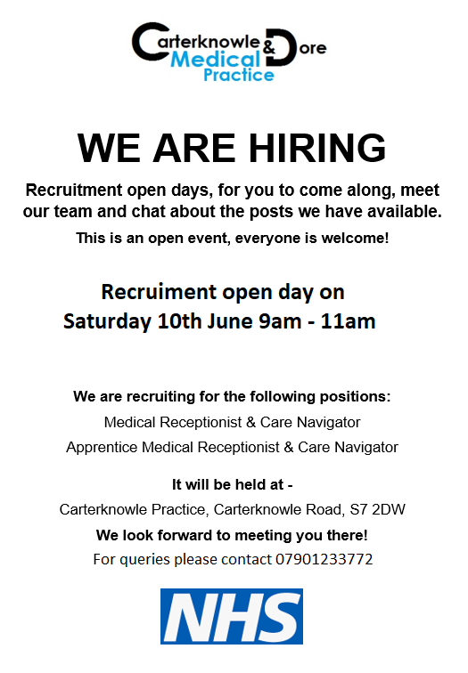Carterknowle_mc's tweet photo. WE ARE HIRING
Recruitment open day, for you to come along, meet our team and chat about the posts we have available.
This is an open event, everyone is welcome!
Recruitment open day on
Saturday 10th June 9am – 11am
See attached job adverts https://t.co/ffNUOvRczx