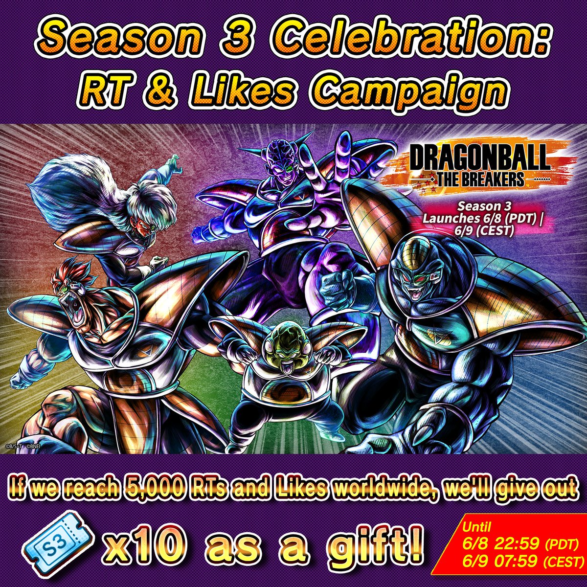 ◥◣◥◣◥◣ Season 3 Release Celebration
Retweet & Like Campaign ◥◣◥◣◥◣

Let's celebrate the release of #DBTB Season 3!
We will be giving out Season 3 Summon Ticket x 10 if we reach 5K Likes + RTs worldwide!

Campaign Period: Until 6/8 22:59 PDT | 6/9 7:59 CEST
#DBTB