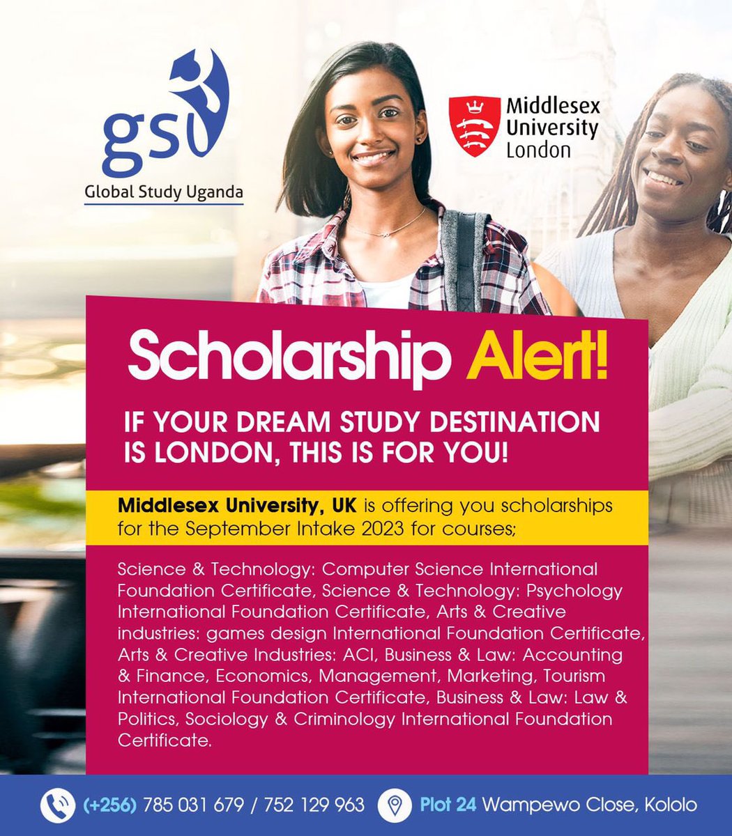 🚨 Scholarship Alert 🚨 

Are you looking forward to London as a study destination?
Well, you are in for a treat! @MiddlesexUni is offering you scholarships for the September 2023 Intake (see poster for more info).

#GSU #2023Intake #SeptemberIntake #London #College #University