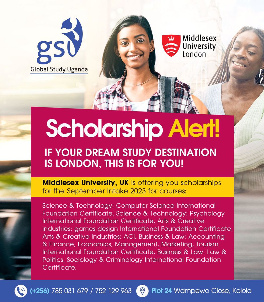 globalstudyug's tweet photo. 🚨 Scholarship Alert 🚨 

Are you looking forward to London as a study destination?
Well, you are in for a treat! @MiddlesexUni is offering you scholarships for the September 2023 Intake (see poster for more info).

#GSU #2023Intake #SeptemberIntake #London #College #University https://t.co/SYCHZCFj5E