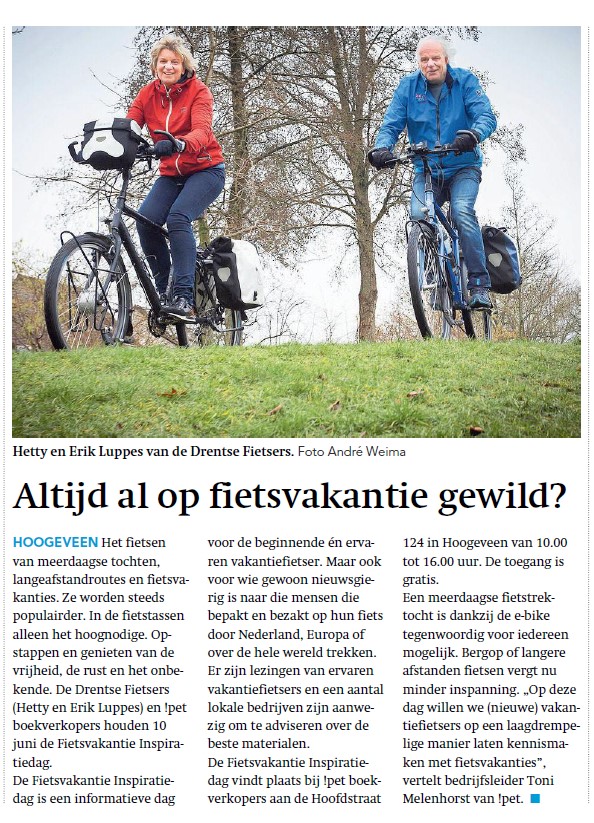 drentsefietsers's tweet photo. Vandaag artikel in de Hoogeveensche Courant.
Volgende week zaterdag 10 juni welkom bij Pet @boekverkopers in #hoogeveen.
Mooi programma! Tip: Lezing volgen en tussendoor even shoppen in gezellige centrum Hoogeveen 
#drenthe #fietsen #fietsvakantieinspiratiedag 
@RTVDrenthe https://t.co/UV5DFt7WIE