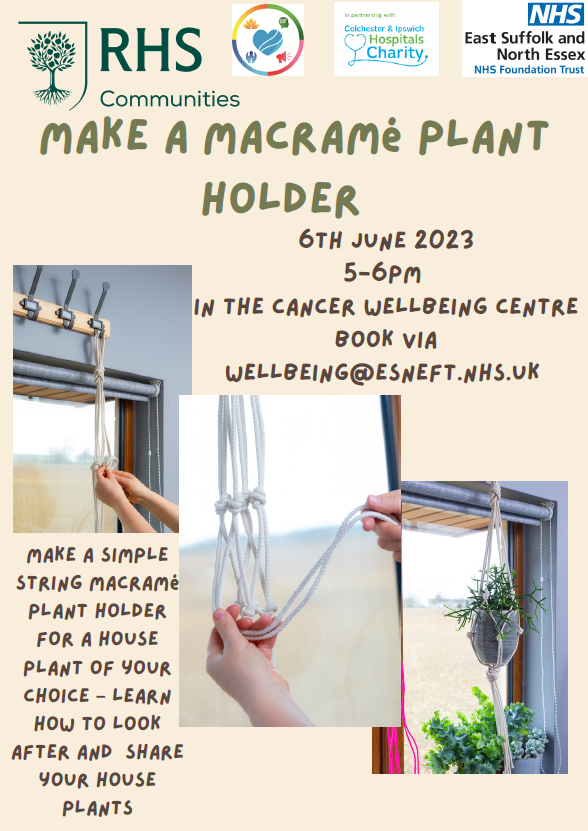 GreenerESNEFT's tweet photo. The next @The_RHS Gardening for Wellbeing  Workshop for ESNEFT staff is:
Make a macramé plant holder and grow a house plant 🌱
• Face to face 6th June  5 – 6pm at the Cancer Wellbeing Centre (Colchester)
• Or join the online session (with kits provided) 13th June 7- 8pm https://t.co/Fuknr7U0Ta