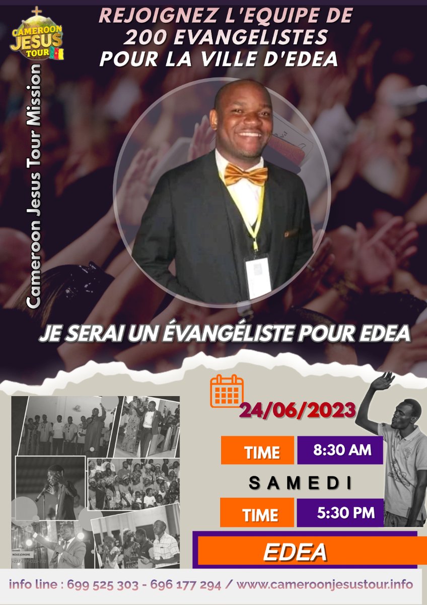 CmrJesusTour's tweet photo. #Cameroon #Jesus #TOUR #cjt2023 
"The long-awaited moment has finally arrived! We are delighted to announce the "Cameroon Jesus TOUR 2023". Prepare for an unforgettable spiritual, musical and human experience.
 register by clicking on the link below
https://t.co/SN1jEMttKK https://t.co/Y66biF6fkL