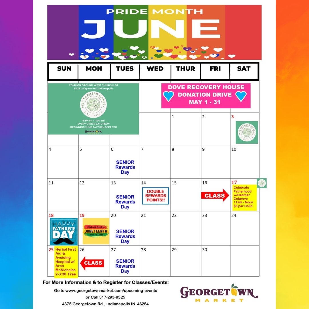 GeorgetownMarkt's tweet image. Here is our upcoming June Calendar! New Classes, a new Farmer&apos;s Market, Pride Month, Junteenth &amp;amp; more! Happy June!