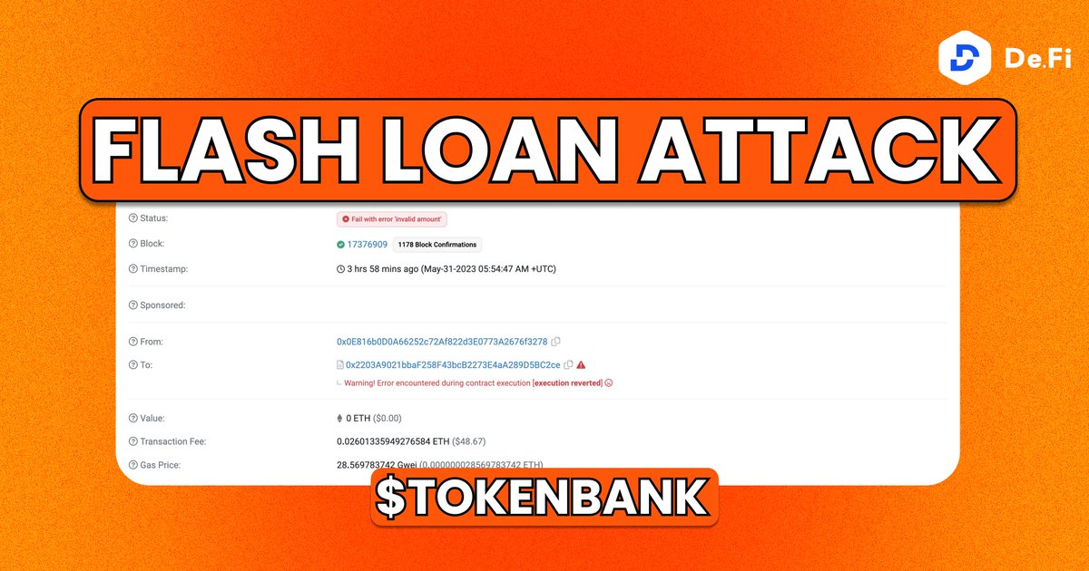 De_FiSecurity's tweet photo. ๐จ ~$113,000 Flash Loan Attack Alert ๐จ
๐ต๐ปโโ๏ธ The attacker tried to benefit from flash loan #TokenBank, but failed and earned nothing
โก๏ธ MEV bot anticipated it by front running his tx and paying bribe of 1 ETH to the validator, gaining ~60 $ETH
๐งต Here`s the on-chain data ๐ https://t.co/vtZwE2o1Gg
