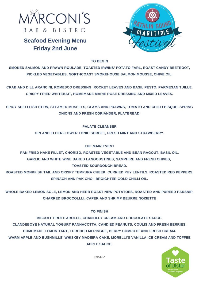 A great Seafood Evening Menu for this Friday 2nd June Rathlin Sound Maritime Festival in #Ballycastle Book a table online at marinehotelballycastle.com/seafood or call 02820762222 📞 @RathlinSoundMF @VisitCauseway @TasteCauseway