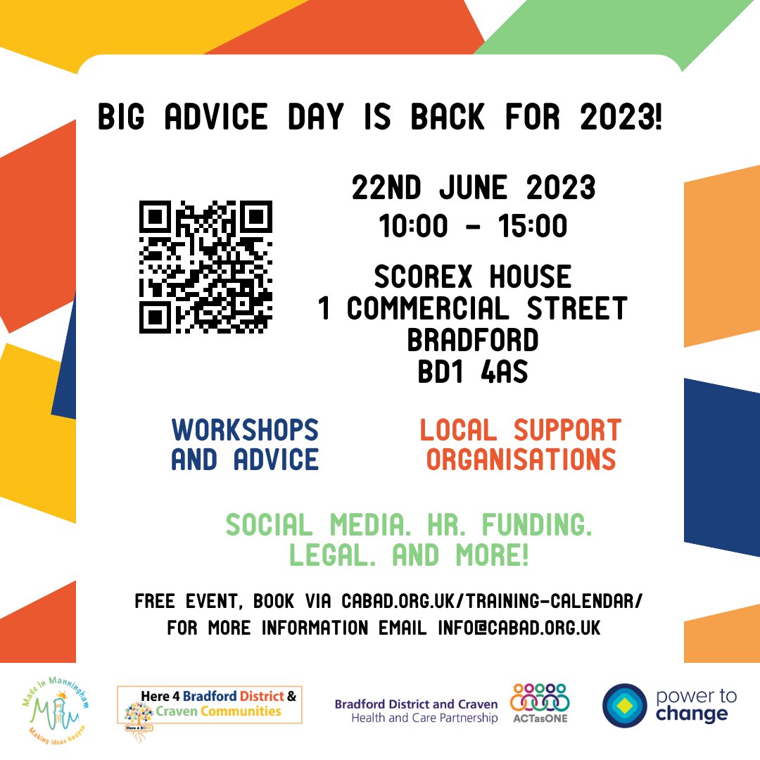 Join us for #BigAdviceDay !

Sign up for #FREE workshops around marketing, funding, HR, safeguarding and more for voluntary sector organisations.

👉 22nd June - Workshops running from 10am - 3pm
👉Scorex House, Bradford
👉Lunch provided

Book now: shorturl.at/xADZ5