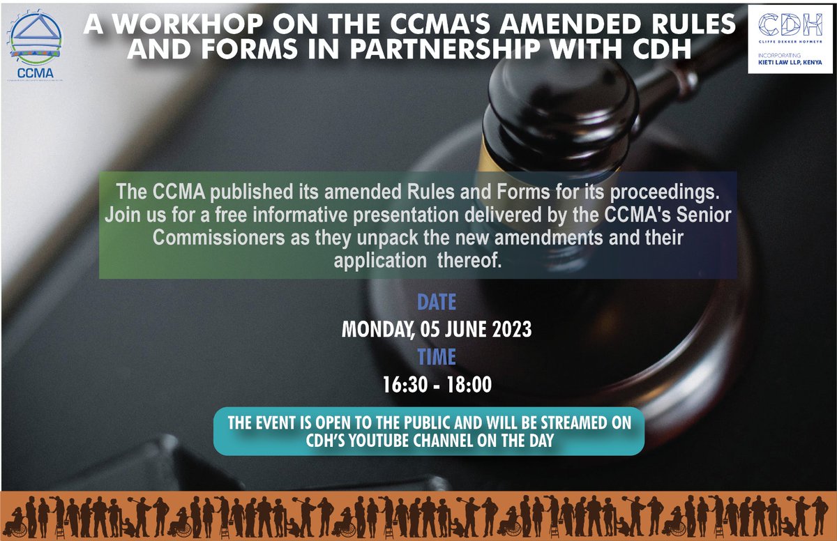 📣 INVITATION!!!
We are thrilled to invite you to an insightful workshop on the CCMA's Amended Rules and Forms. Don't miss this fantastic opportunity to get up to speed on the latest developments and gain expert knowledge on the new #CCMARules2023
Live stream link will be shared