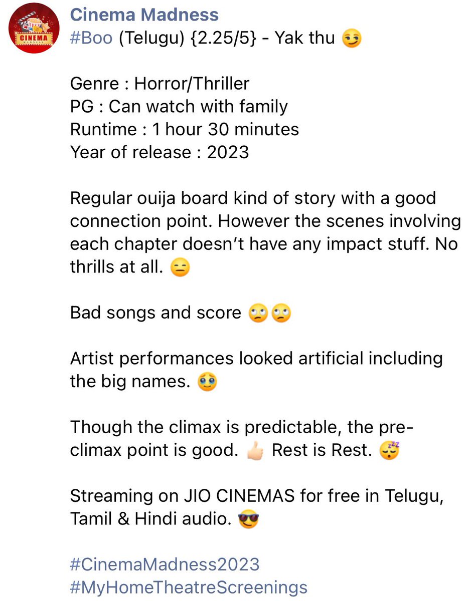 CinemaMadness24's tweet photo. 99. #Boo (Telugu) {2.25/5} 😏🙄
#BooReview #BooOnJioCinemas https://t.co/geaukhbmse