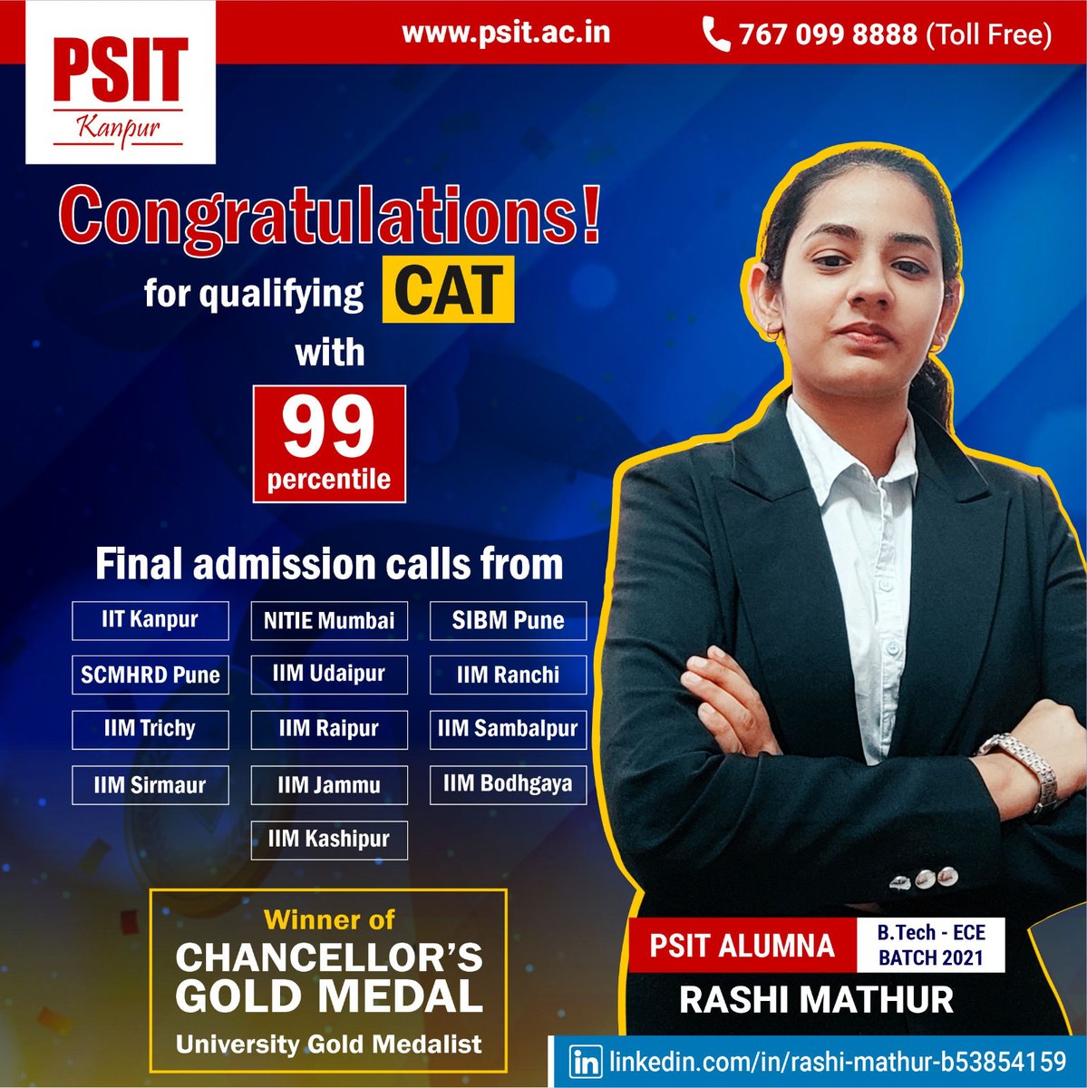 PSITKanpur2004's tweet photo. Rashi Mathur, an exceptional talent and winner of the Chancellor's Gold Medal, AKTU from #PSITKanpur, is making waves!
With a remarkable CAT percentile of 99%, she has received calls from 13 prestigious colleges. π
#PSITPlacements #CATQualifier #Inspiration #AKTU #NCR https://t.co/H3OgoJkprA