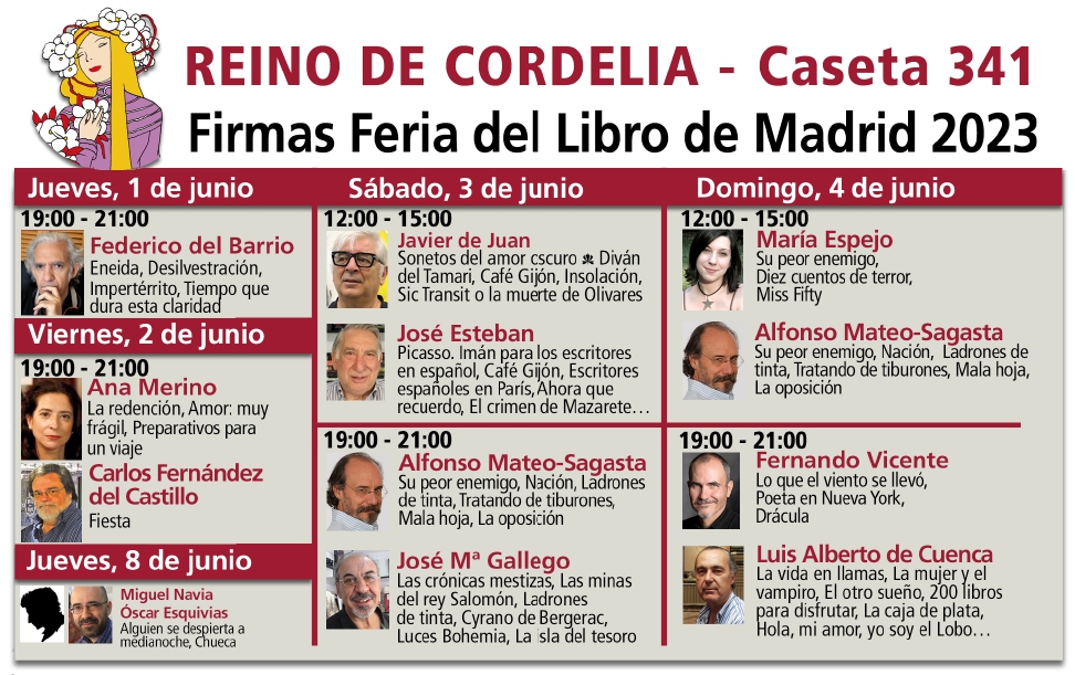 reinodecordelia's tweet photo. Estos son los autores que a partir de mañana y durante el fin de semana -e incluso el próximo jueves- podréis encontrar en nuestra caseta de @FLMadrid https://t.co/p6gfQayLo4
