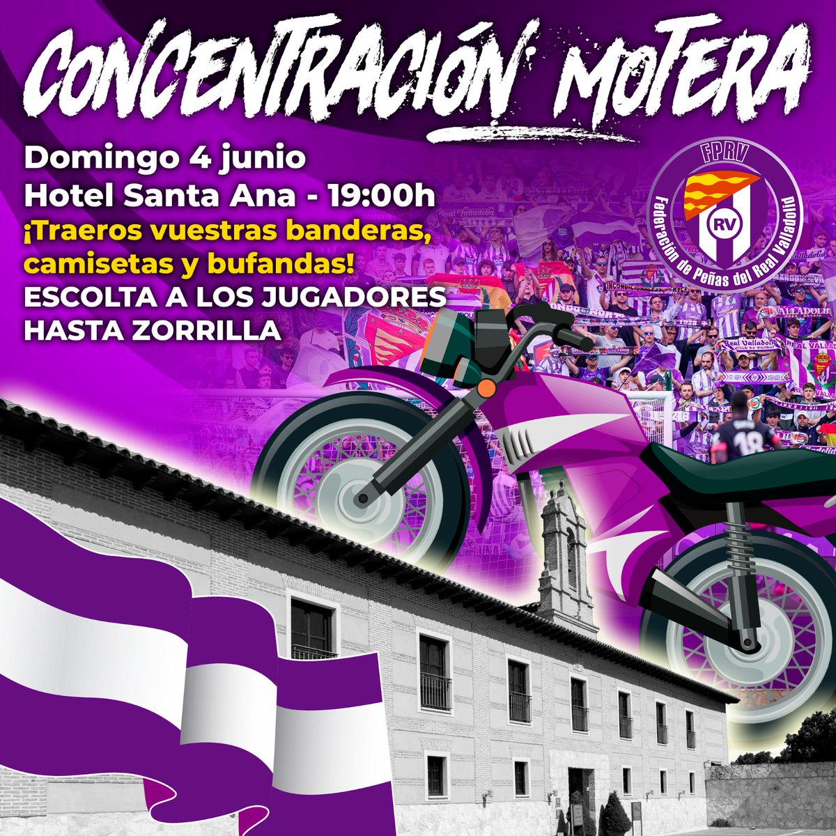 🚨🏍️ CONCENTRACIÓN MOTERA:

TODAS LAS ASOCIACIONES Y MOTEROS PARTICULARES ESTÁIS CONVOCADOS EL PRÓXIMO DOMINGO A LAS 19H EN LA PUERTA PRINCIPAL DEL HOTEL SANTA ANA PARA RECIBIR A NUESTROS JUGADORES Y ESCOLTAR EL BUS HASTA #ZORRILLA.

ENGALANA TU MOTO DE BLANQUIVIOLETA Y ACUDE!