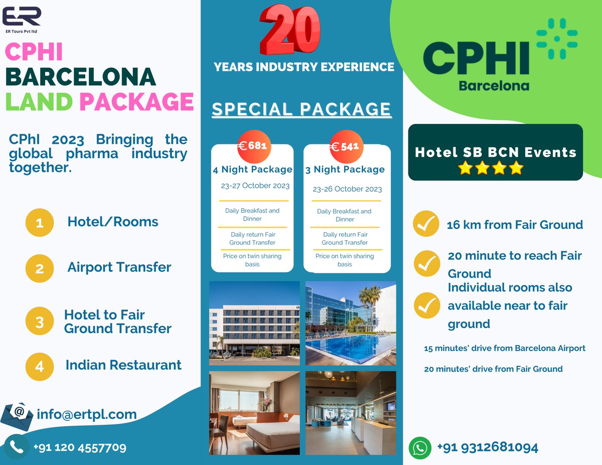 Our best-personalized group offer for CPHI Barcelona 2023
Contact Details:-
📧Email- info@ertpl.com
☎Call - +91-120-4557709
📲WhatsApp- +91 9999261449
💻Website- lnkd.in/dcGXtDzu

#cphieurope #pharmaceuticals #pharmamarketing #pharmaceuticalindustry #pharmaindustry