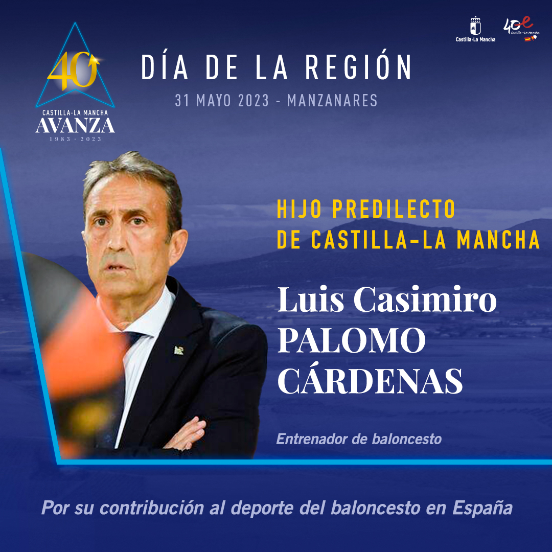 gobjccm's tweet photo. 🔸 #DíaCLM2023
📜 @LuisCasimiro_, Hijo Predilecto de #CLM.

De #VillamayordeCalatrava (#CiudadReal), es uno de los entrenadores de baloncesto con mayor continuidad acumulada en la primera categoría nacional con 27 temporadas y más de 750 partidos. https://t.co/cXxI5RCcWT