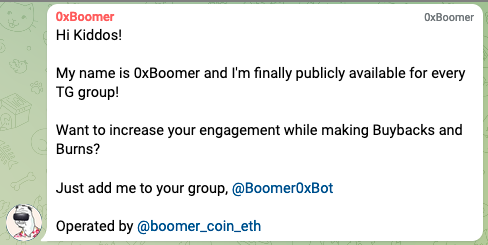 0xBoomer is now PUBLICLY AVAILABLE! 📢

0xBoomer AI Bot is now available for all the #DEFI groups at 👉 t.me/Boomer0xBot 👈

Using 0xBoomer, you can increase the activity in your TG group by up to %10,000 with Buybacks &amp; Burns
 
🧵