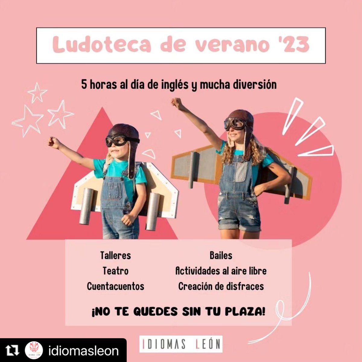 ajeleonesp's tweet photo. En nada comienzan las ☀️ vacaciones de verano. Desde @IDIOMASLEON nos proponen un plan 🇬🇧 para los más pequeños: sus ludotecas. ¡No te quedes sin plaza!

#AJELeonEsp #empresas #emprendedores #jovenesempresarios  #Leonesp https://t.co/ZMsMWzoQLM