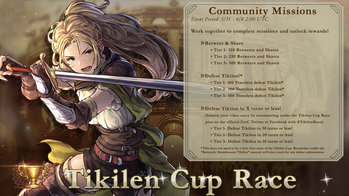 ⚔Tikilien Cup Race⚔

It's a blast from the past with the Tikilien Cup race!
✍Event Period: 5/31 10:00 UTC - 6/8 2:00 UTC
🤝Community Missions🤝
📢Share and Retweet!
💪Defeat Tikilen

Be sure to fill out the Tikilien Cup Race form:
forms.gle/na8SBcSfkUbkZ9…