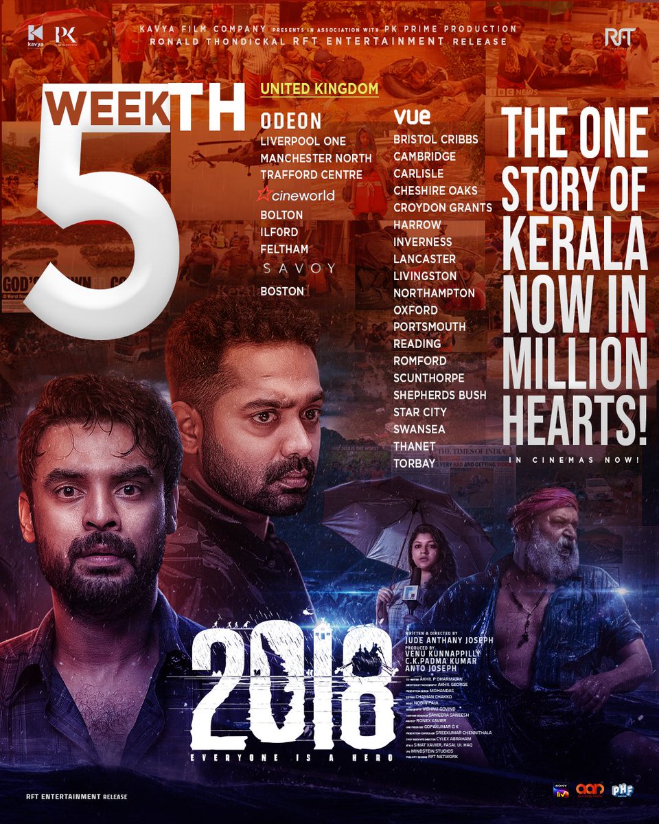 So, giving one another chance for experiencing the pain, the love, Unity and the victory the people of Kerala witnessed 2018!  CHECK THE FIFTTH WEEK SCREEN LIST FOR #2018EveryoneisaHero IN UK 😊

 #2018EveryoneIsAHero #2018movie #KeralaFloods #JudeAnthanyJoseph #VenuKunnappilly