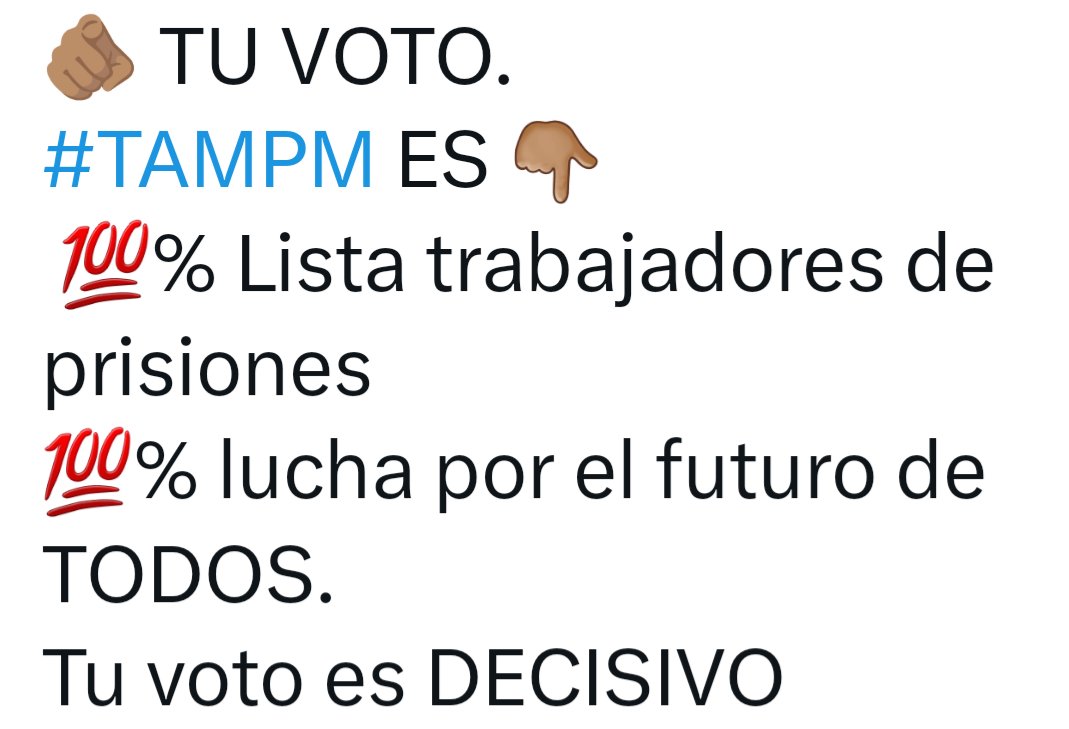TampmTopas's tweet photo. Si quieres mejorar Prisiones el #20J Vota #TAMPM 
#sosprisiones 
#EquiparaciónSalarialPrisiones 
#SectorPrisiones https://t.co/D7OvFwVHjb