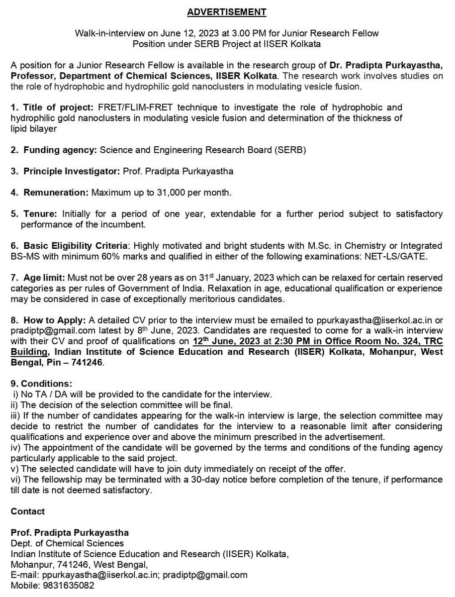 ARUNAVO CHATTERJEE (@arunavoc) on Twitter photo Vacancy for a JRF in a SERB funded project (CRG/2022/000006) in our NSPP Lab, IISERK.(pradiptapurkayastha.com). Please see the attached advertisement (iiserkol.ac.in/web/en/announcโฆ) and write directly to our supervisor at ppurkayastha@iiserkol.ac.in Vacancy for a JRF in a SERB funded project (CRG/2022/000006) in our NSPP Lab, IISERK.(pradiptapurkayastha.com). Please see the attached advertisement (iiserkol.ac.in/web/en/announcโฆ) and write directly to our supervisor at ppurkayastha@iiserkol.ac.in