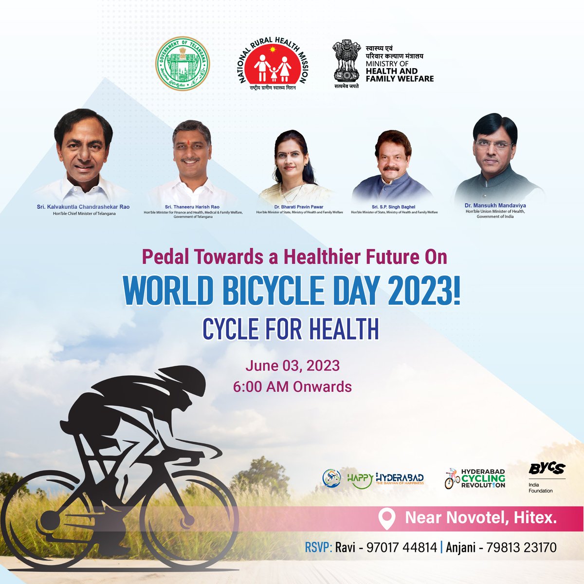 🌺🌺🌺
#WorldBicycleDay  
 Government of India Health Ministry & Telangana Health collaboration event
3rd June23 #Hyderabad #Telangana #India 

@MoHFW_INDIA @mansukhmandviya @BRSHarish @TelanganaHealth @sselvan @BYCS_org @BYCSIndia @DrBhairrviJoshi @KTRBRS @DigitalMediaTS