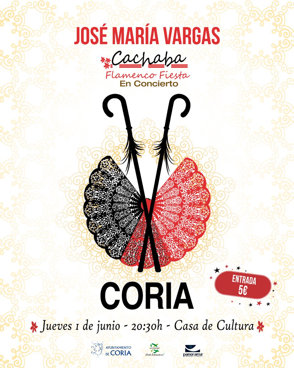 PanoramaProducc's tweet photo. ¡¡¡CORIA!!! Tenéis a vuestra disposición este jueves, el mejor flamenco-fiesta.
JOSÉ MARÍA VARGAS con CACHABA.
🗓Jueves, 1 de julio.
📌Casa de la Cultura de Coria.
🕣20:30h.
🎟Entrada 5€.
💃💃
@Ayto_de_Coria https://t.co/f2RHrpRIN9