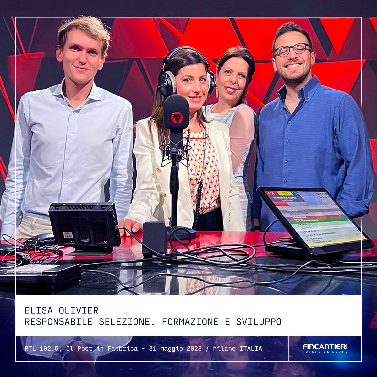 Fincantieri's tweet photo. Per portare a bordo il #futuro, abbiamo bisogno dei talenti migliori. Ne ha parlato oggi a @rtl1025 Elisa Olivier, responsabile Selezione, Formazione e Sviluppo durante la trasmissione #IlPostInFabbrica, spiegando come, lavorare in Fincantieri, voglia dire entrare a far parte di una famiglia di oltre 20.000 persone, di cui quasi 3.000 under 30.

Elisa ha parlato anche delle oltre 500 persone che stiamo cercando, tu sei pronto a salire a bordo?

Guarda le posizioni aperte 👇👇👇
https://t.co/FEVSSziDpv

#FutureOnBoard
#Fincantieri
#NoStopNews
@Confindustria 
@unimpiego