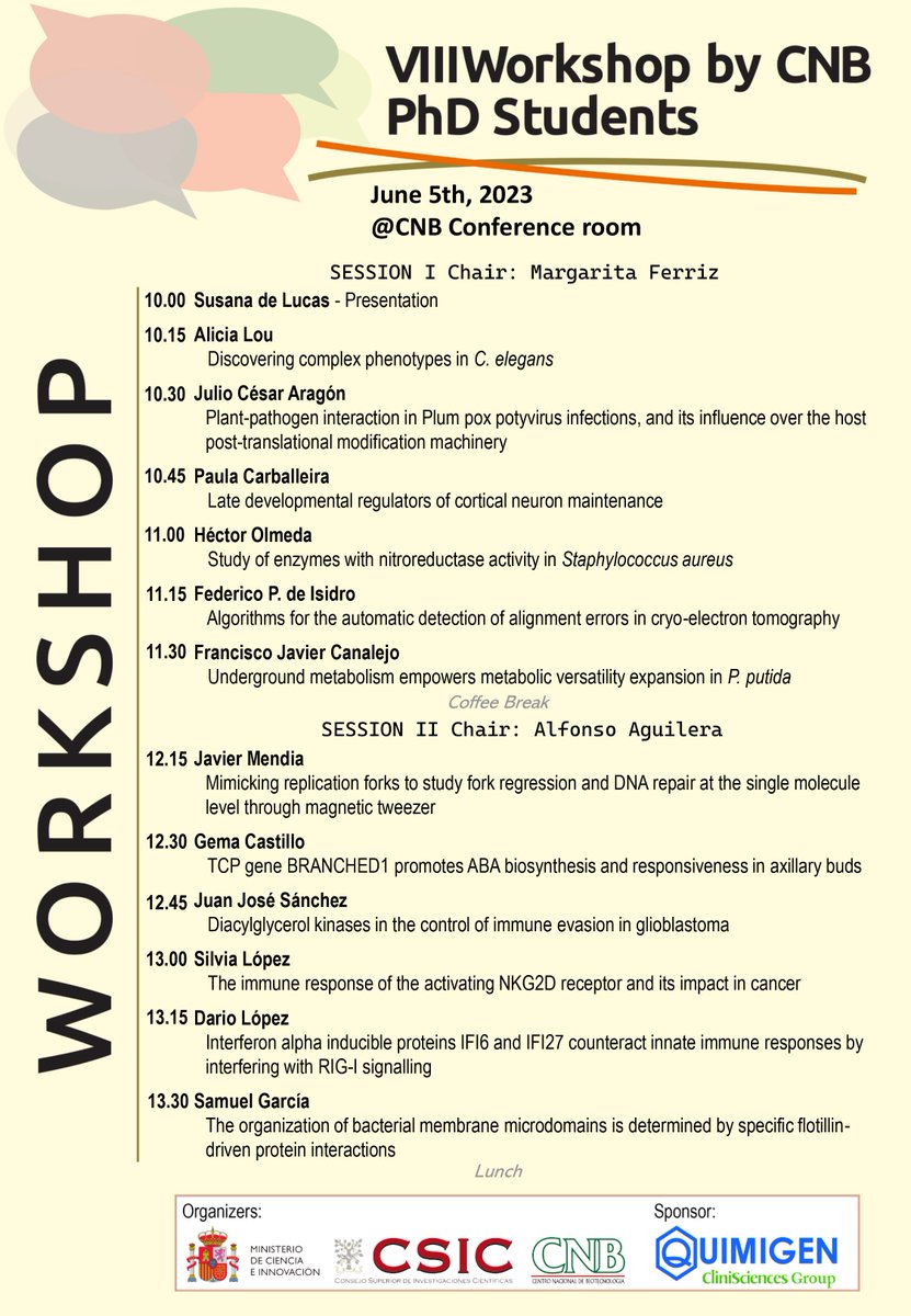 Today! 12 of our PhD candidates will present their projects in the VIII CNB PhD #Workshop
#CareerInResearch #ProfessionalDevelopment
