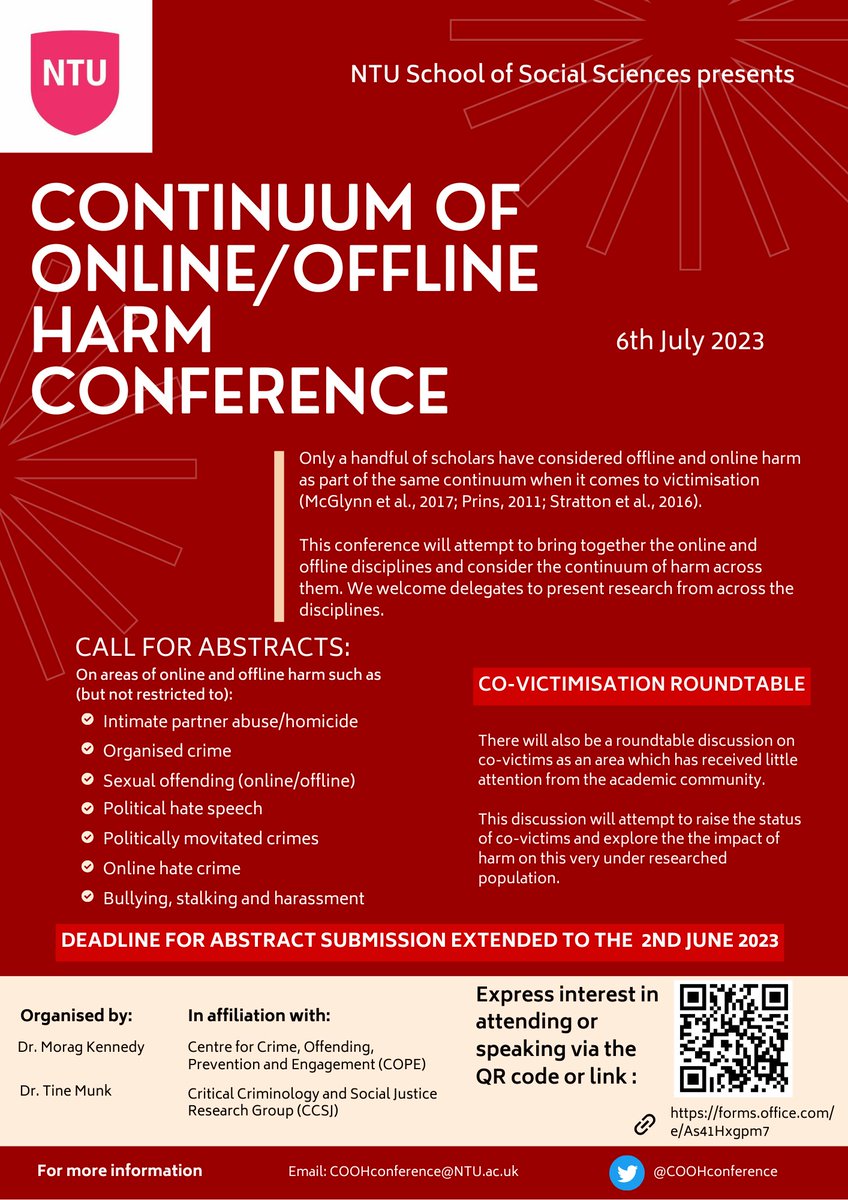 LAST CHANCE TO SUBMIT ABSTRACTS! Please join Dr Tine Munk and me the @COOHconference. All welcome. 

@PhDVoice @PhDForum @VAWGRN @EmotionalResrch @CCSJ_NTU @HateCrime_Leics @BCUCriminology @BritSocCrim @N8PRP @wiasnofficial @NetworkSmarten @TheSRAOrg @ResearchLex @ProgConnex