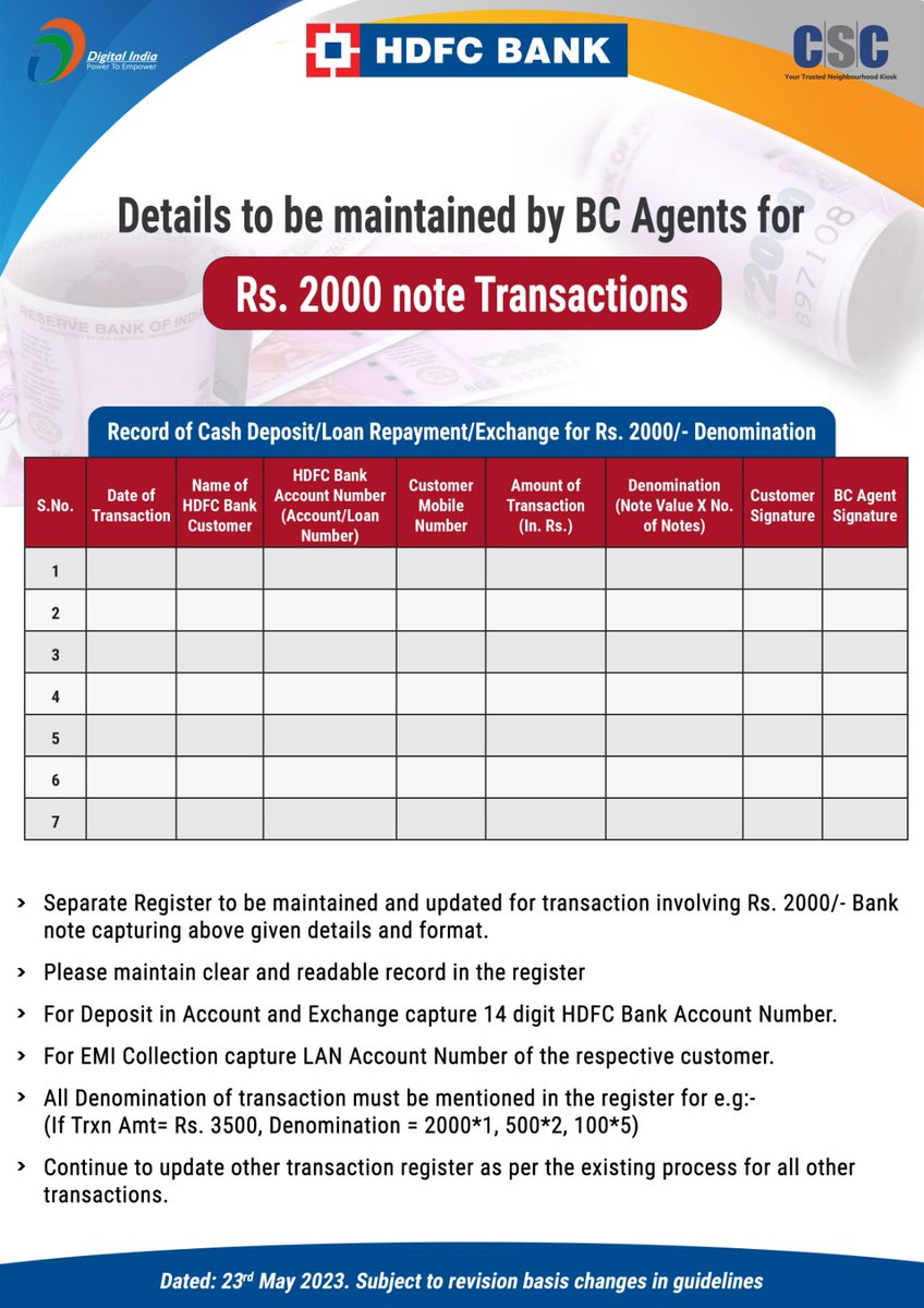 ATTENTION!!

CSC HDFC Bank BC Agent!

Please follow the advisory on exchanging and accepting deposits in Rs. 2000 denomination notes.

#cscfinancialservices #banking #DigitalIndia #HDFCBANK #financial #money #Awareness 
<a href="/CSCMaharashtra/">CSC Maharashtra</a> <a href="/CscMadhya/">CSC e-Governance, Vidisha, Madhya Pradesh</a> <a href="/BiharCsc/">CSC Bihar</a> <a href="/CSCTelangana/">CSC SPV Telangana</a>