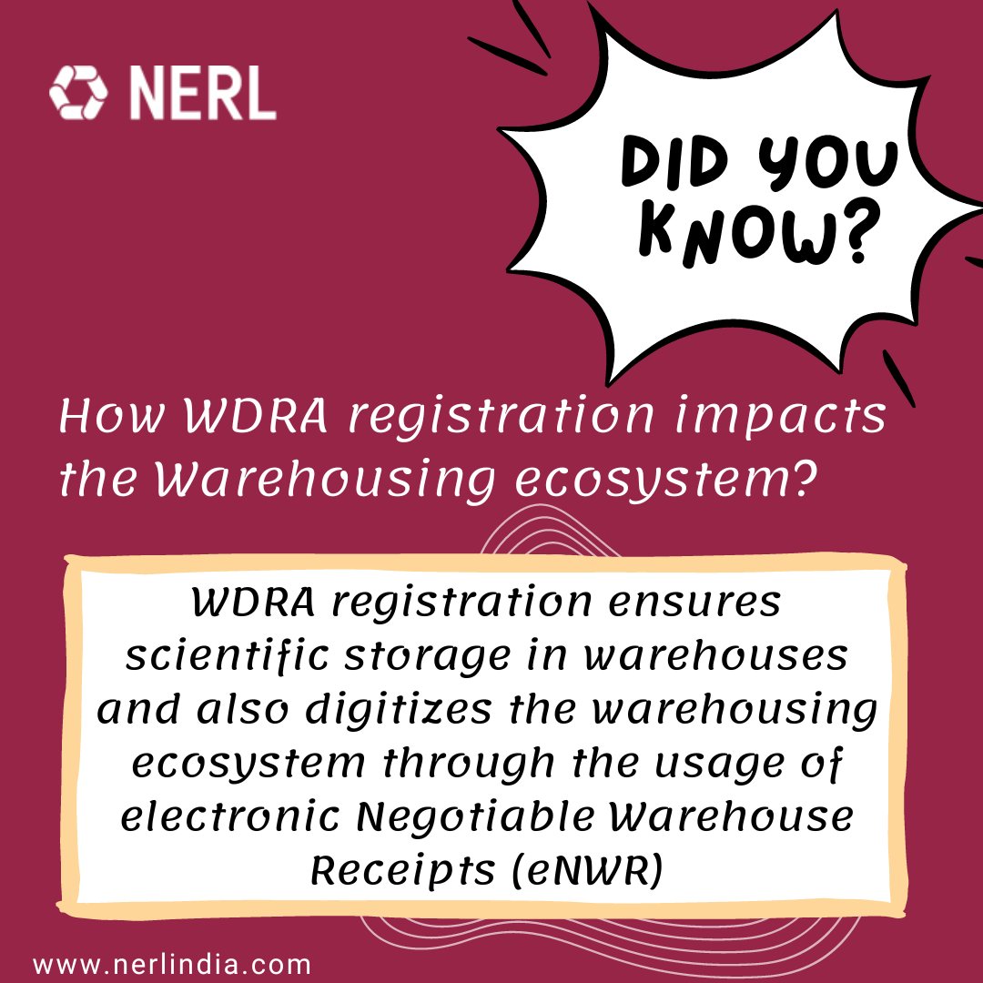 nerl_repository's tweet photo. Did you know How WDRA registration impacts the Warehousing ecosystem?
#eNWR #FutureiswitheNWR #GetSmartWitheNWR https://t.co/IHe8HW6F6w