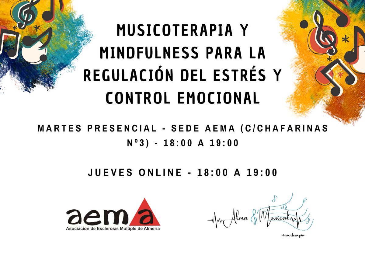 AlmaMusicalMt's tweet photo. ¡¡ Volvemos a la carga !!

A partir de mañana vuelven las sesiones de musicoterapia y mindfulness con los compañeros de Asociación de Esclerosis Múltiple de Almería (AEMA).

El horario, como viene siendo habitual: 👇🏼 https://t.co/Xpp5c0AHBU