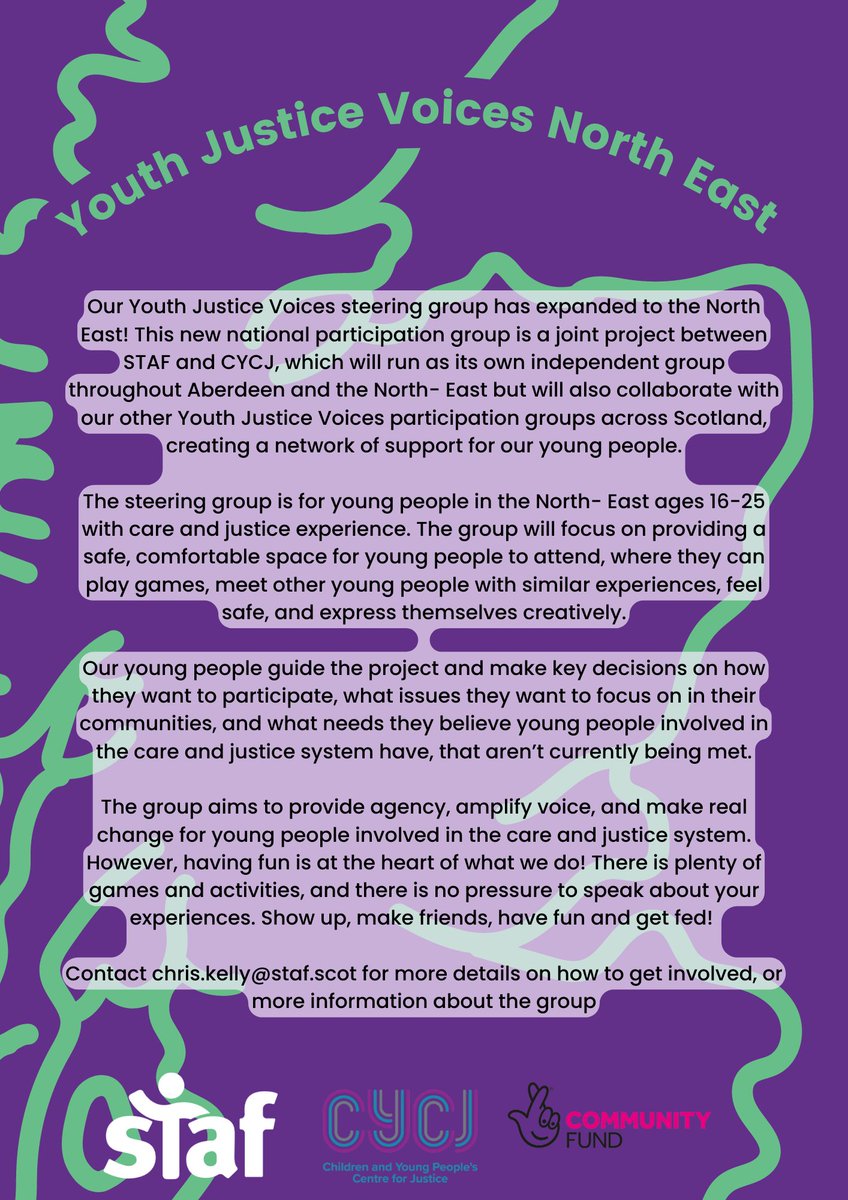 📢Youth Justice Voices North East is looking for new members! 

✔️Do you live in the north east of Scotland?
✔️Age 16 - 25 with experience of the care &amp; justice systems? 
✔️Want to create real change for young people, have fun &amp; make friends?
Yes? Contact chris.kelly@staf.scot