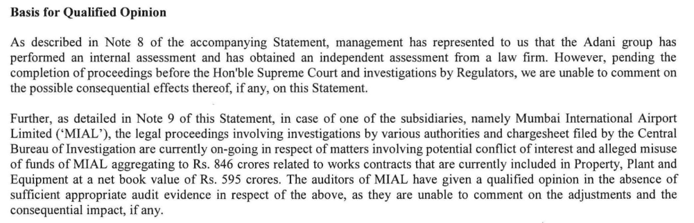 In most Adani Group companies the auditors have qualified their opinion.

Some were completed in early May, before the Supreme Court panel report was out.

Mostly boilerplate qualifications.

Adani Enterprises
FY23 Auditor: Shah & Dhandharia
Signed: May 4