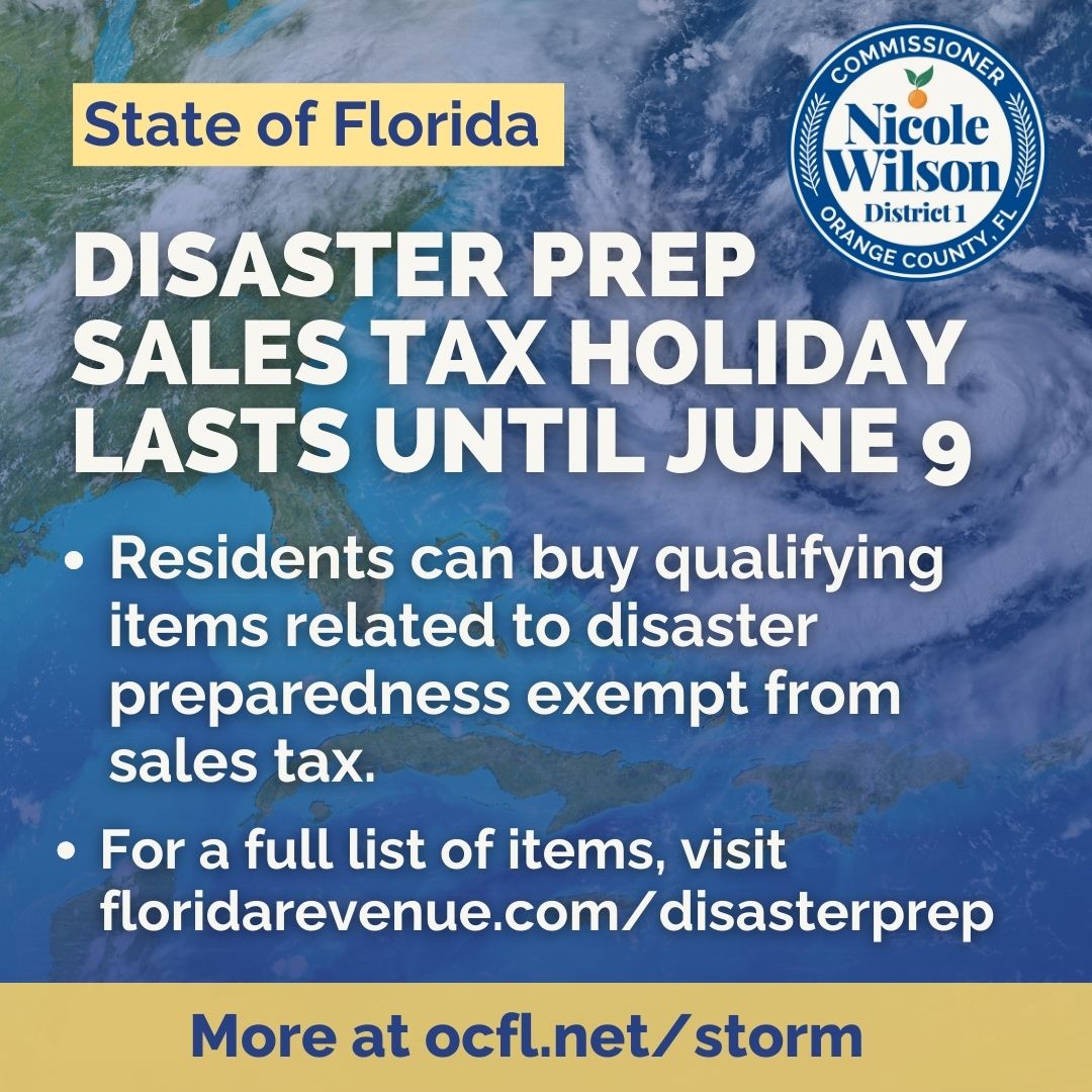 Florida's Disaster Preparedness Sales Tax Holiday ends next Friday, June 9! For a comprehensive list of hurricane supplies you can buy tax-free, visit floridarevenue.com/DisasterPrep
Learn more about storm preparedness and the upcoming Hurricane Expo in D1 at ocfl.net/Storm
