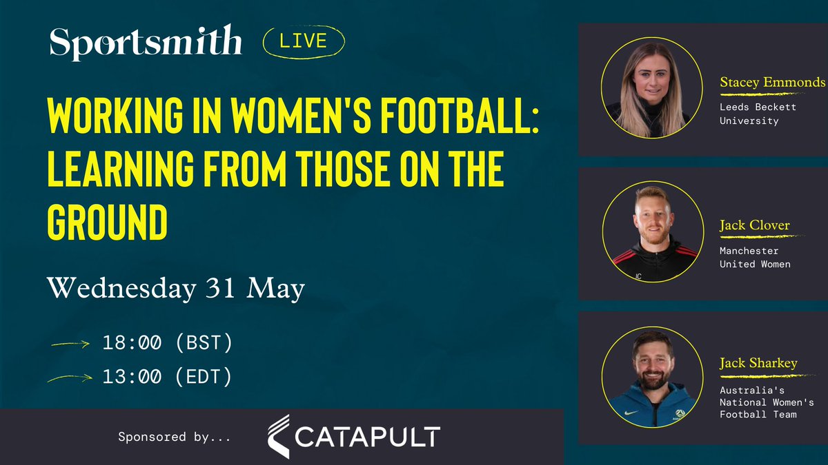 We're going live in 60 minutes!

<a href="/jack_clover1/">Jack Clover</a> <a href="/S_Emmonds/">Stacey Emmonds PhD</a> &amp; <a href="/SharkeyStories/">Jack Sharkey</a> will be joining us to share their knowledge &amp; experiences of working in women's football.

Can't make it? Recording sent to all those who register!

sportsmith.co/live/working-i…