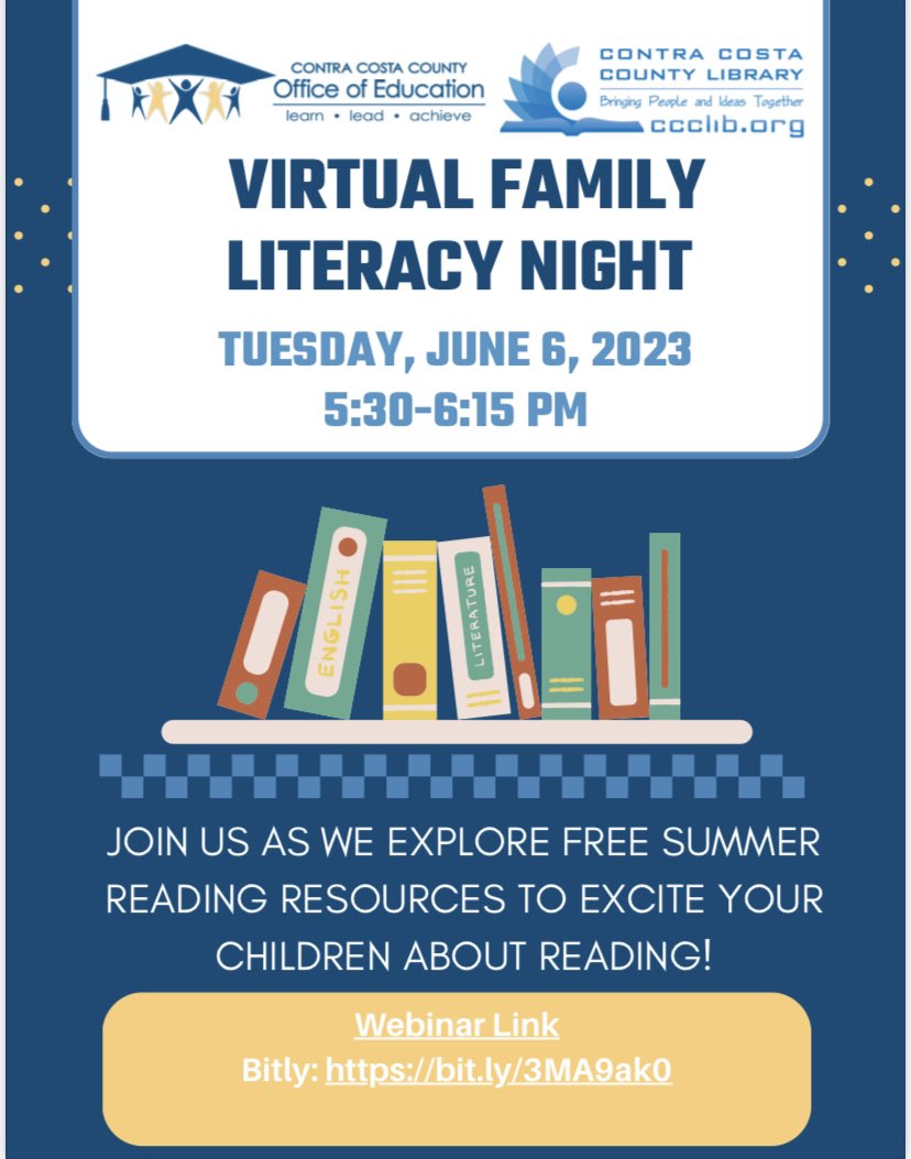 keaton724's tweet photo. Join us for CCCOE Virtual Family Literacy Night on June 6, 2023 at 5:30 PM. Learn about free summer reading resources. https://t.co/YrPA0U7ugX #CoCoSchools https://t.co/UoZndnMRmf