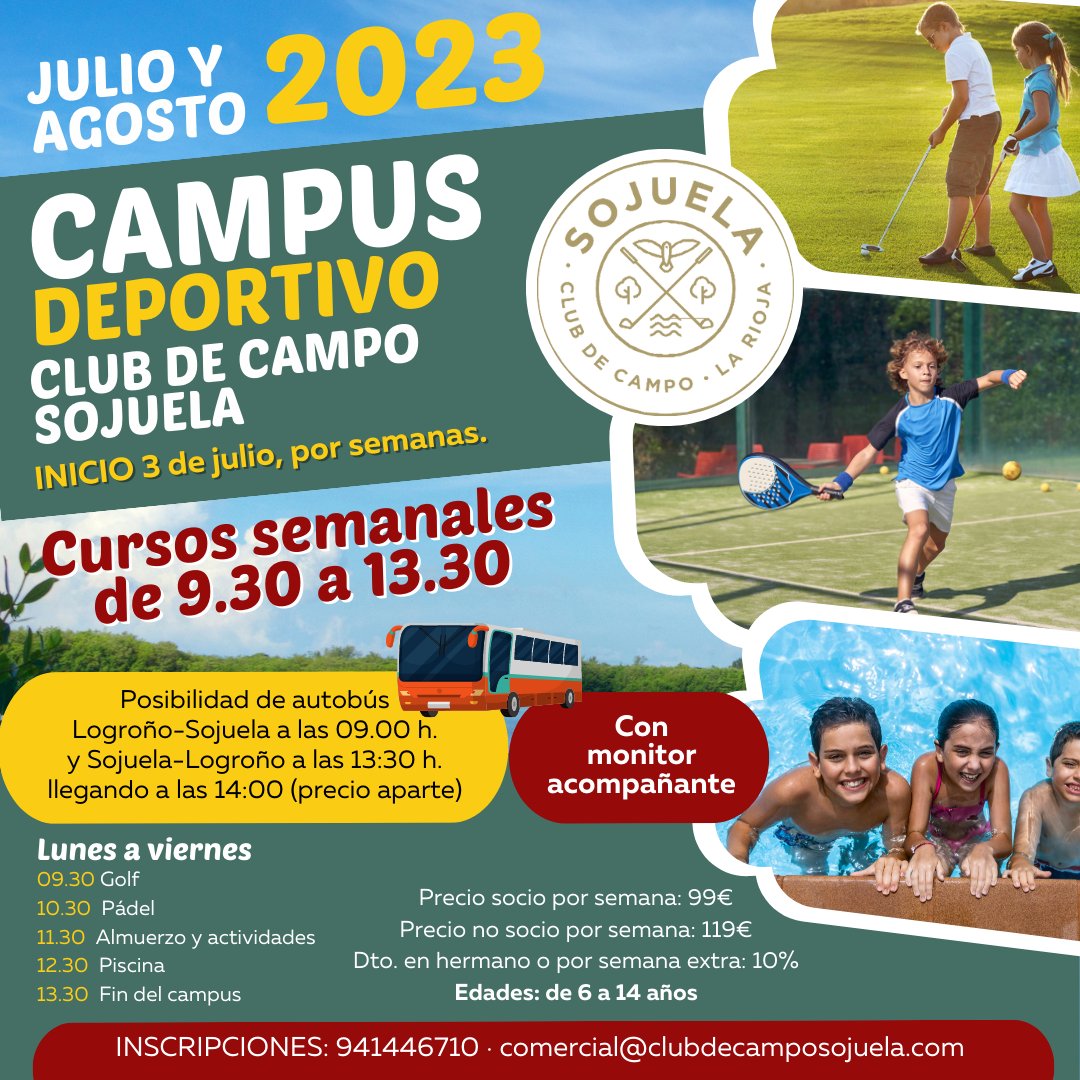 Campus de Verano del Club de Campo Sojuela 🏌 Golf + padel + actividades varias + piscina. Reserva tu semana o semanas en el 941.44.67.10. ¡Os esperamos!

#ClubDeCampoSojuela #Campus #CampusdeVerano #CampusDeportivo #CampusSojuela #ActividadesNiñosSojuela #VeranoSojuela