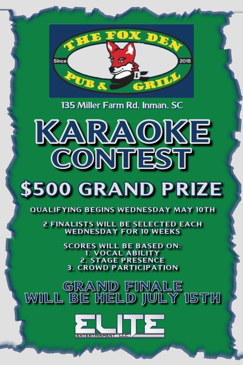 EliteEntertai20's tweet photo. Qualifying for the $500 Karaoke Contest continues tonight at The Fox Den Pub &amp; Grill!!! Two singers from each Wednesday will move on to the finale on July 15th!! Come on out for your chance to win $500!!  See you there!!!
#karaoke #wednesday #humpdaywednesday https://t.co/CWNTLGAAIO