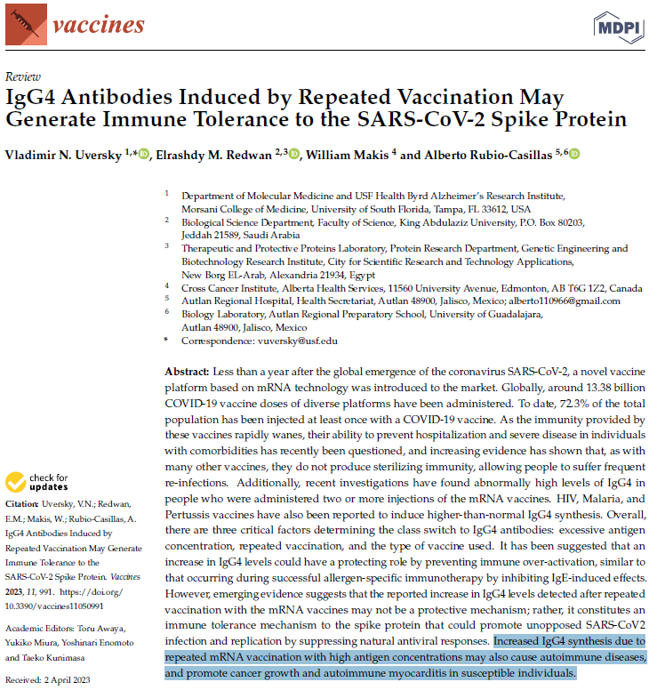 PiotrWitczak_'s tweet photo. Vaccines:
"Zwiększona synteza IgG4 spowodowana wielokrotnym szczepieniem mRNA z wysokimi stężeniami antygenu może również powodować choroby autoimmunologiczne i sprzyjać wzrostowi raka i autoimmunologicznemu zapaleniu mięśnia sercowego u podatnych osób"
https://t.co/Toj7YUJbkG